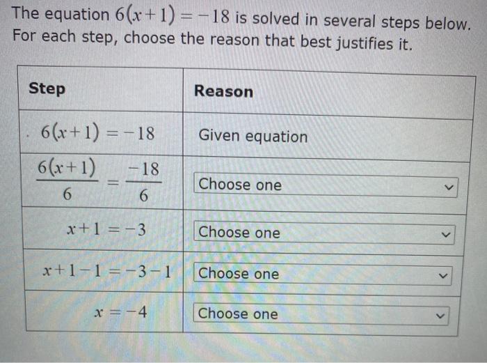 Solved The equation 6(x+1)=-18 is solved in several steps | Chegg.com