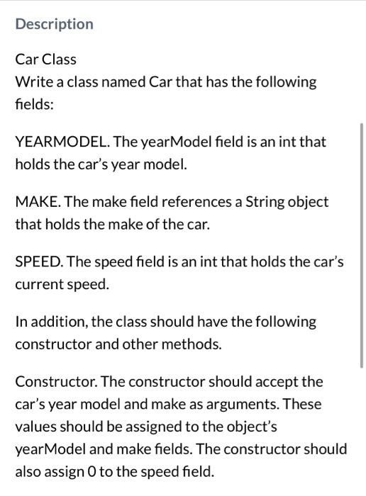 Solved Description Car Class Write a class named Car that