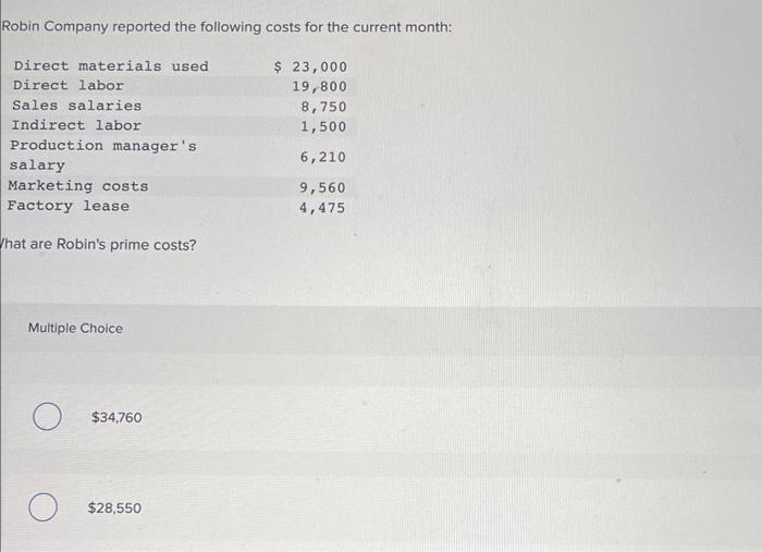 Solved Robin Company reported the following costs for the