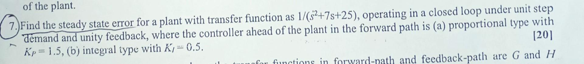 Solved 7. Find the steady state error for a plant with | Chegg.com