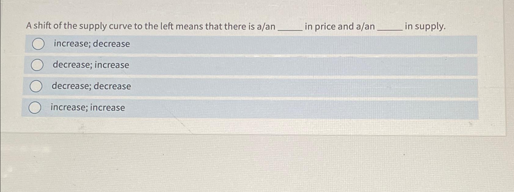 Solved A shift of the supply curve to the left means that | Chegg.com