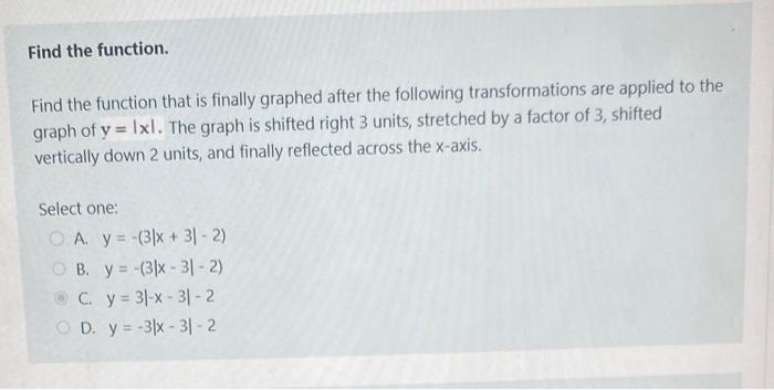 Find the function that is finally graphed after the following transformations are applied to the graph of \( y=|x| \). The gr