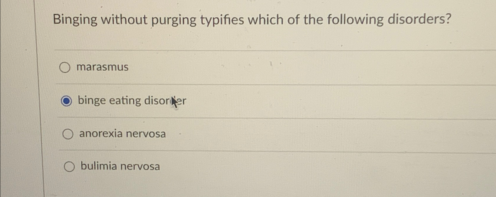 Binging without purging typifies which of the