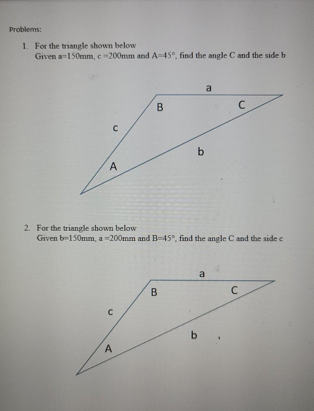 Solved Problems: 1. For The Triangle Shown Below Given | Chegg.com