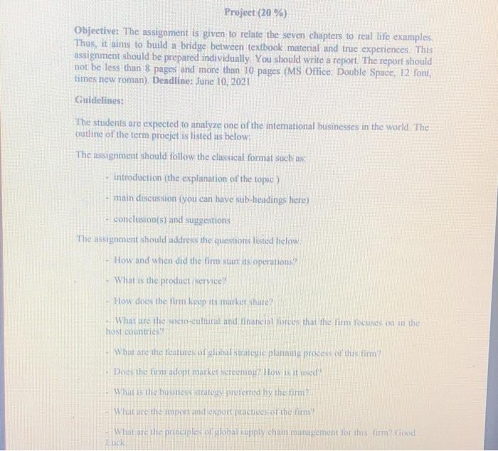 Solved Project (20 %) Objective: The assignment is given to | Chegg.com