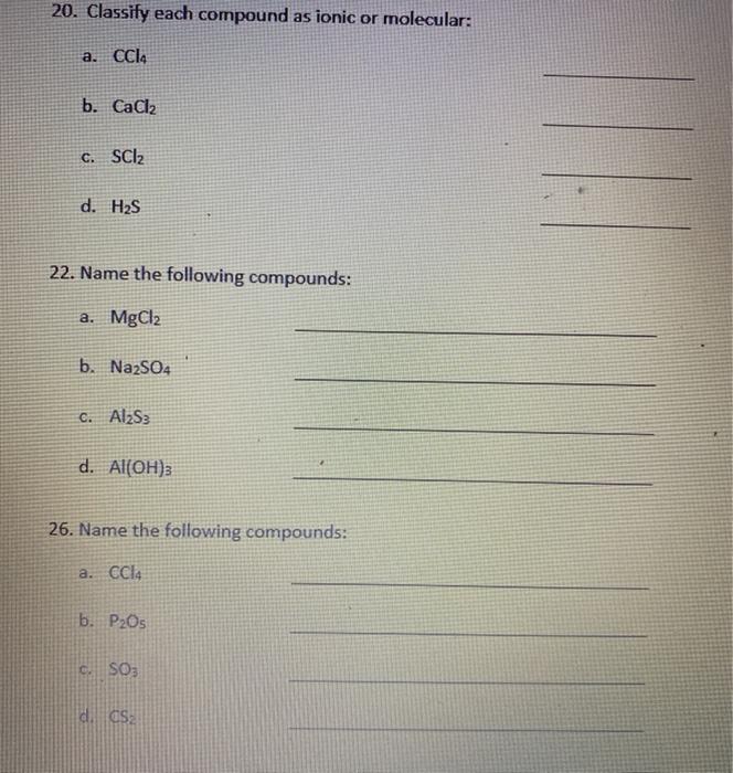 Solved 20. Classify each compound as ionic or molecular: a. | Chegg.com