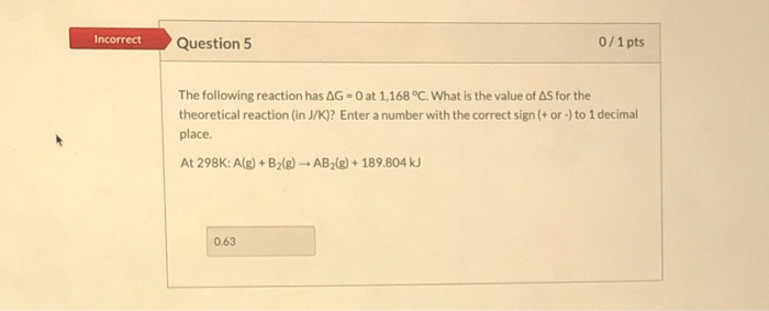 Solved Incorrect Question 5 0/1 pts The following reaction | Chegg.com