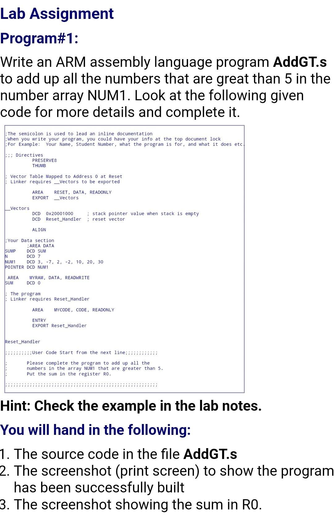 Lab Assignment Program#1: Write an ARM assembly | Chegg.com