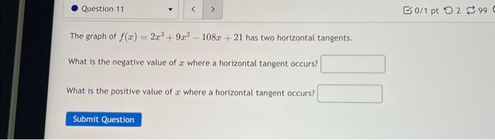 Solved The graph of f(x)=2x3+9x2−108x+21 has two horizontal | Chegg.com
