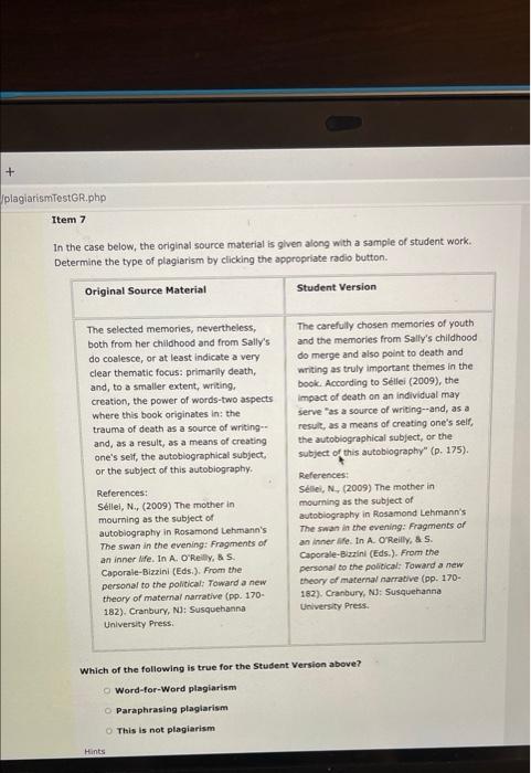 edu/plagiarismTostGR.php Item 1 In the case below