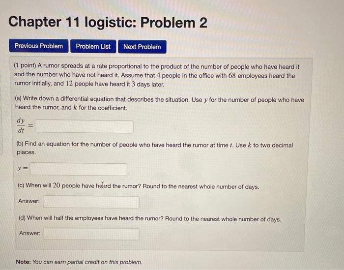 Solved Chapter 11 logistic: Problem 2 Previous Problem | Chegg.com