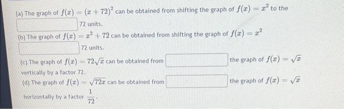 Solved (a) The graph of f(x)=(x+72)2 can be obtained from | Chegg.com