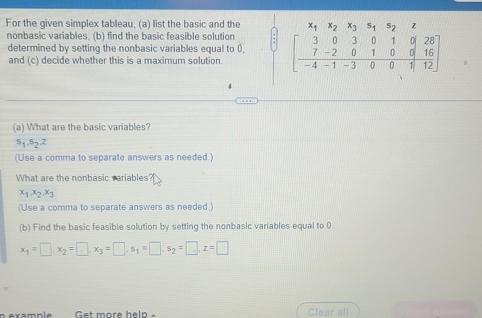 Solved For the given simplex tableau, (a) list the basic and | Chegg.com