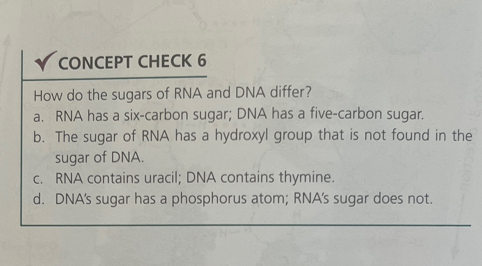 Solved ﻿CONCEPT CHECK 6How do the sugars of RNA and DNA | Chegg.com