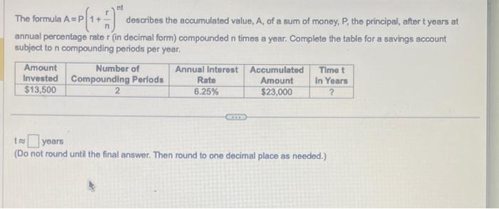 The formula \( A=P\left(1+\frac{r}{n}\right)^{n t} \) describes the accumulated value, \( A \), of a sum of money, \( P \), t