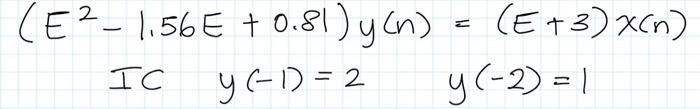 Solved (E2−1.56E+0.81)y(n)=(E+3)×(n) IC y(−1)=2y(−2)=1 | Chegg.com