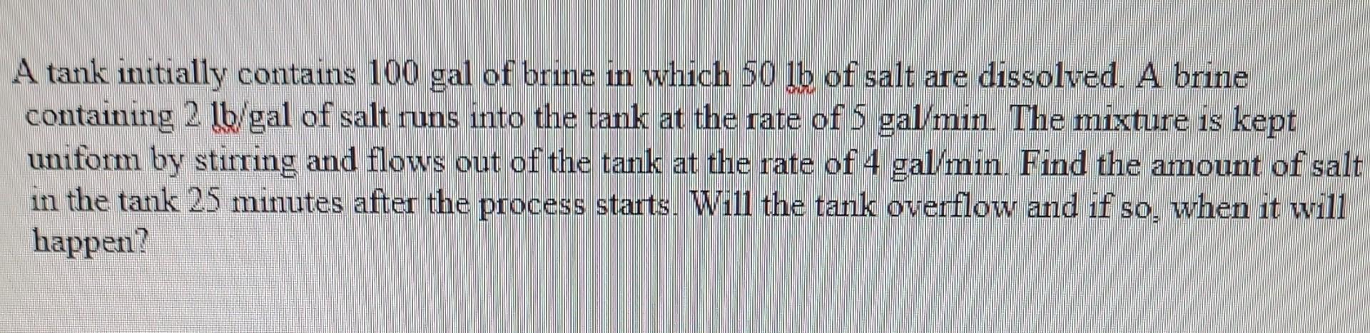 Solved A Tank Initially Contains 100 Gal Of Brine In Which | Chegg.com