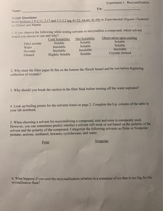 Solved Experiment 1: Recrystallization TA: Name Prelab | Chegg.com