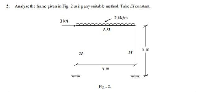 2. Analyze the frame given in Fig. 2 using any suitable method. Take El constant.
2 kN/m
3 kN
1.51
5 m
21
21
6 m
Fig.: 2
