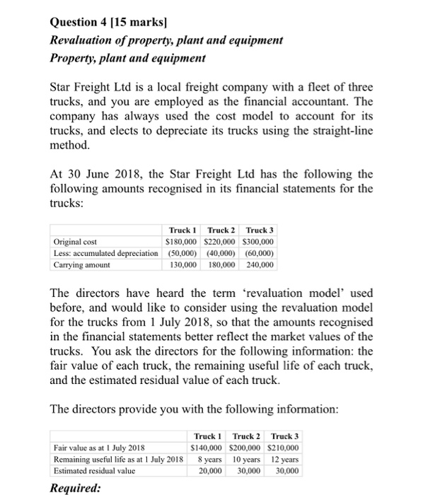 Question 4 [15 marks] revaluation of property, plant and equipment property, plant and equipment star freight ltd is a local