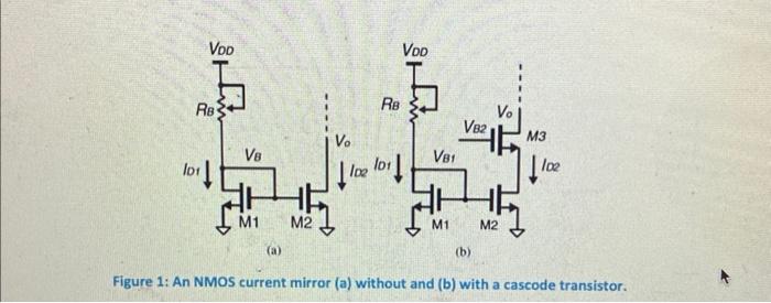 Figure 1: An NMOS current mirror (a) without and (b) with a cascode transistor.