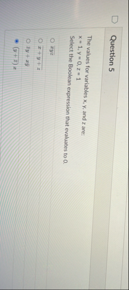 Solved Question 5The values for variables x,y, and z | Chegg.com