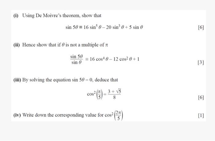 Solved I Using De Moivres Theorem Show That Sin 50 16 3597