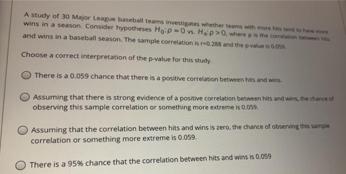 Solved A study of 30 Major League baseball teams | Chegg.com