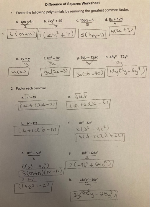 Solved Difference Of Squares Worksheet 1 Factor The Chegg