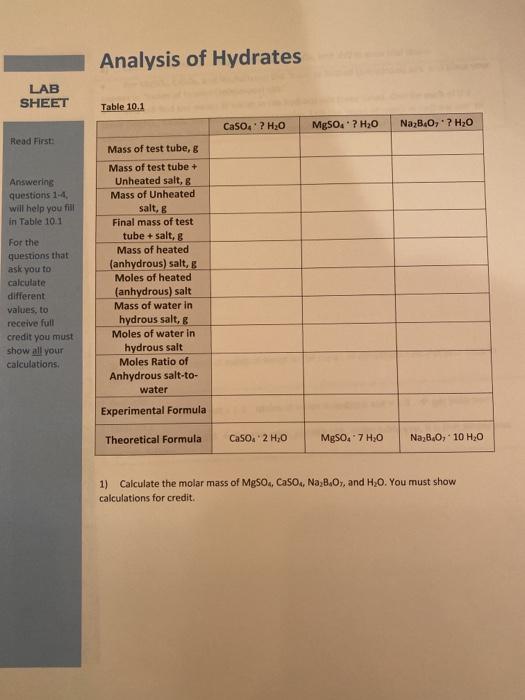 Solved Analysis of Hydrates LAB SHEET Table 10.1 CaSO4' ?