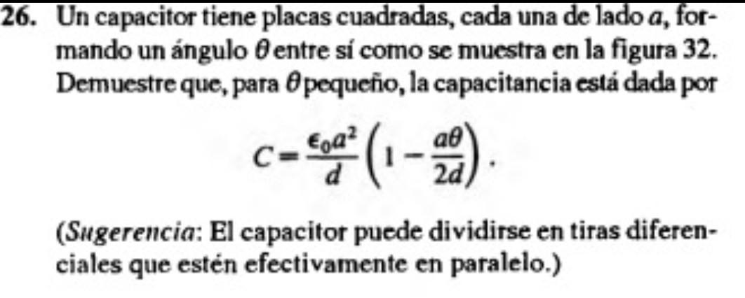 Un capacitor tiene placas cuadradas, cada una de lado \( a \), formando un ángulo \( \theta \) entre sí como se muestra en la