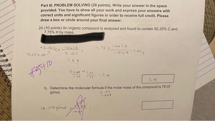 Solved Part III. PROBLEM SOLVING (28 points). Write your | Chegg.com