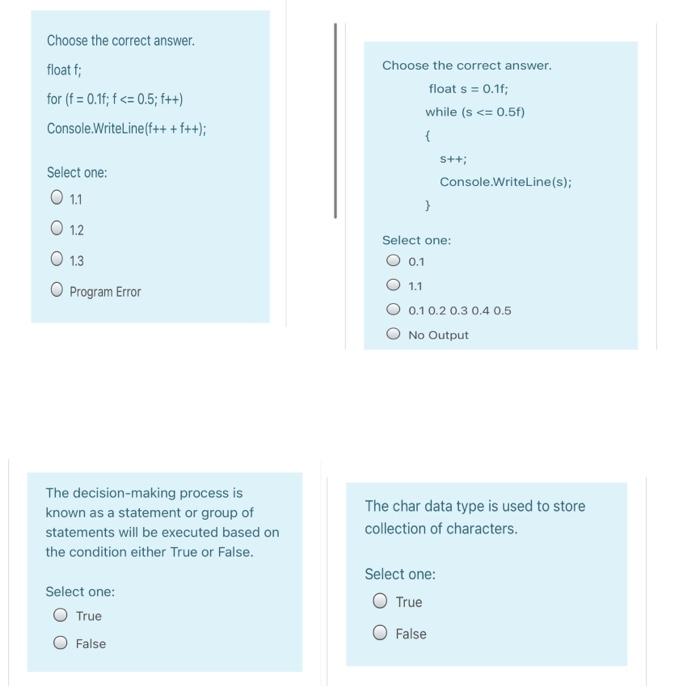 Solved Choose the correct answer. float f; for (f = 0.1f;f | Chegg.com