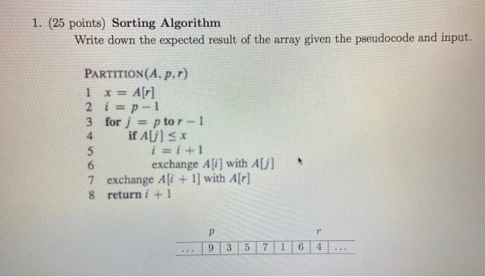 Solved 1. (25 points) Sorting Algorithm Write down the | Chegg.com