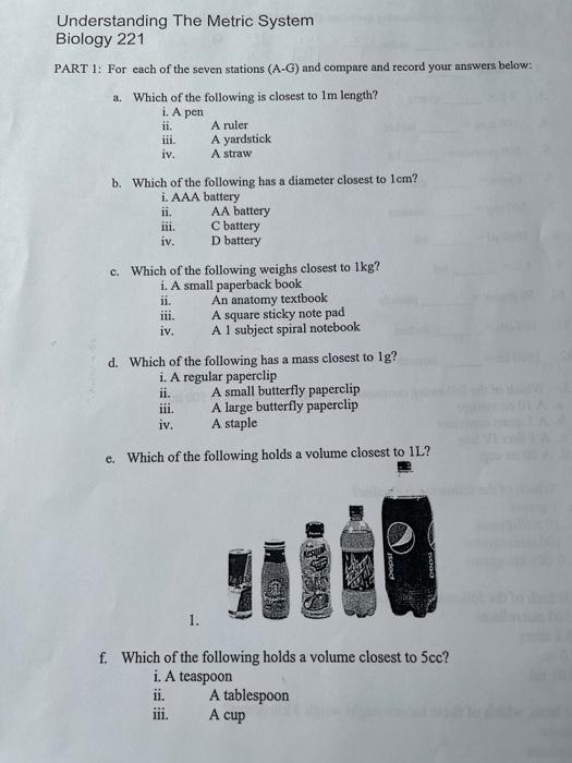 Solved Understanding The Metric System Biology 221 PART 1: | Chegg.com