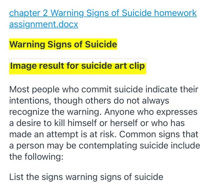 chapter 2 Warning Signs of Suicide homework assignment.docx Warning Signs of Suicide Image result for suicide art clip Most p