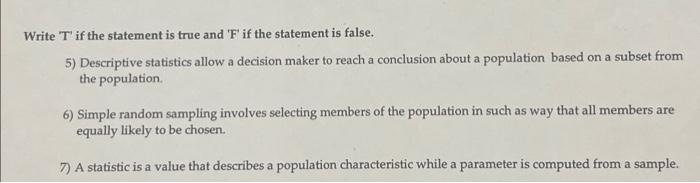 Solved Write ' T ' If The Statement Is True And ' F ' If The | Chegg.com