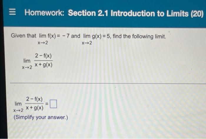 Solved = Homework: Section 2.1 Introduction to Limits (20) | Chegg.com