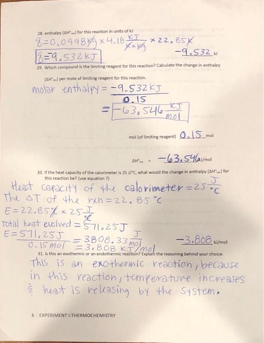 Solved Part 1. Experiment I Thermochemistry Lab Report/Data