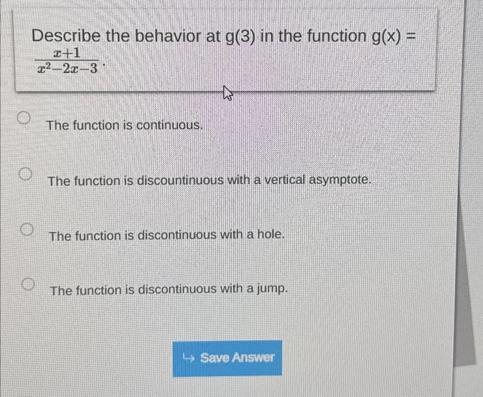 Solved Describe the behavior at g(3) ﻿in the function | Chegg.com