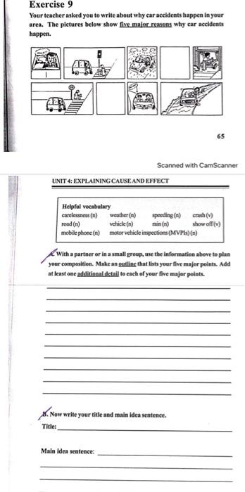 Exercise 9 Your teacher asked you to write about why car accidents happen in your area. The pictures below show flye major re