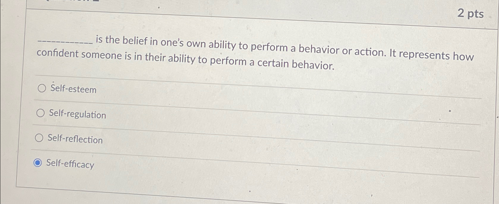 Solved 2 ﻿ptsis the belief in one's own ability to perform a | Chegg.com