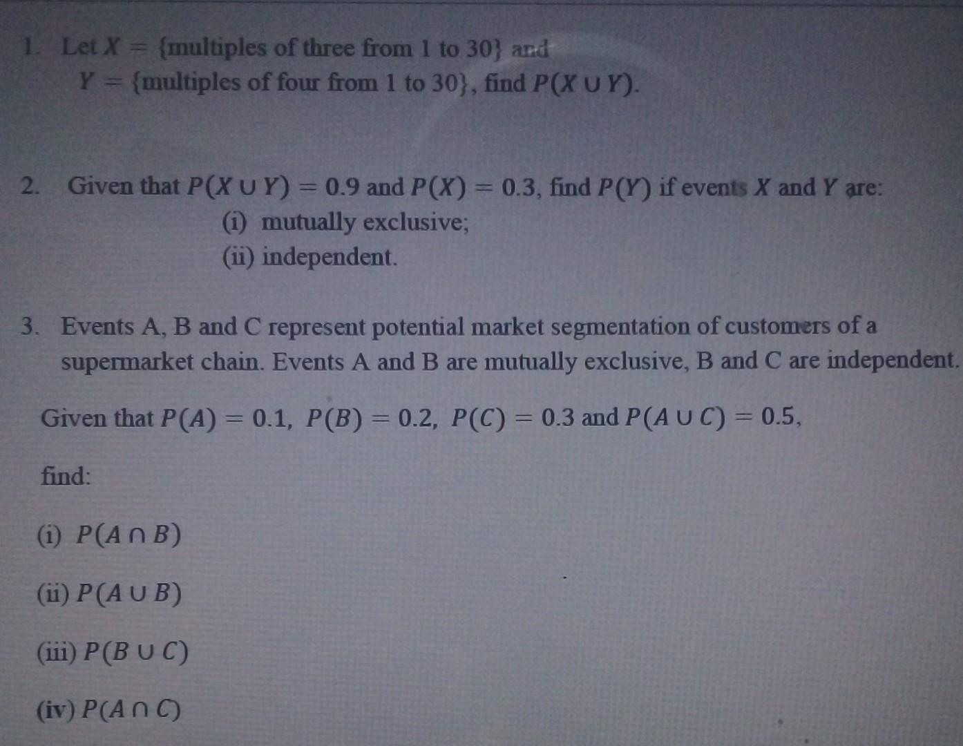 Solved 1 Let X Multiples Of Three From 1 To 30 And Y Chegg Com