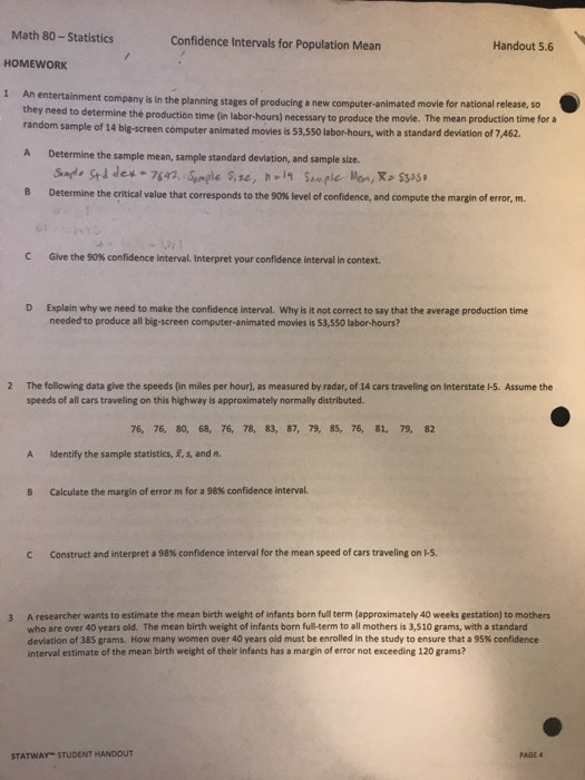 Solved Math 80 - Statistics Confidence intervals for | Chegg.com