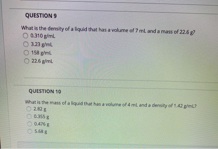 Solved QUESTION 9 What is the density of a liquid that has a | Chegg.com