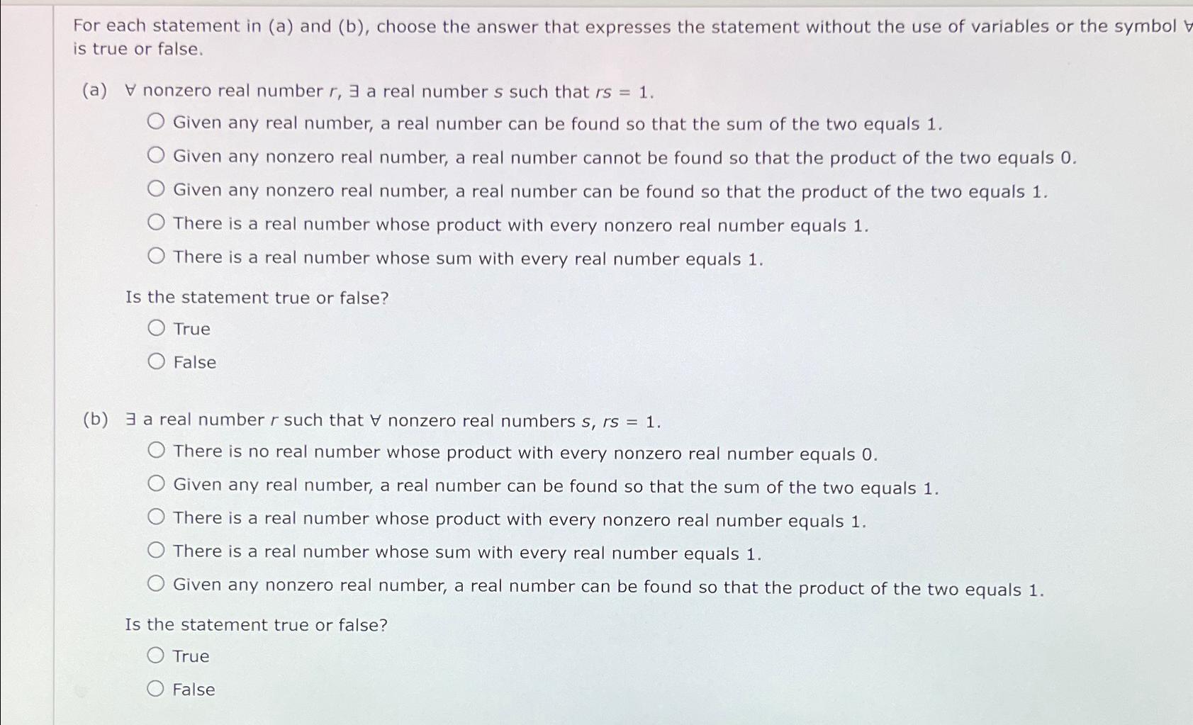 Solved For each statement in (a) ﻿and (b), ﻿choose the | Chegg.com