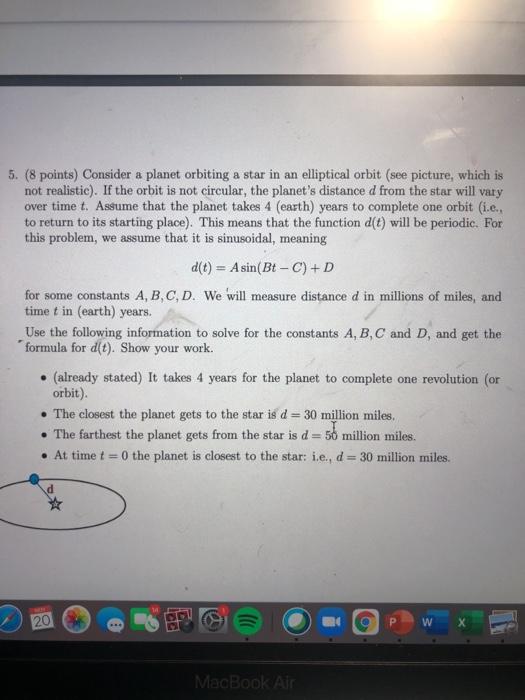 Solved 5. (8 points) Consider a planet orbiting a star in an | Chegg.com