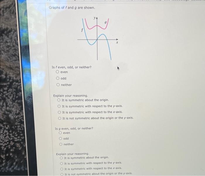 Graphs of \( f \) and \( g \) are shown.
Is f even, odd, or neither?
even
odd
neither
Explain your reasoning.
It is symmetric