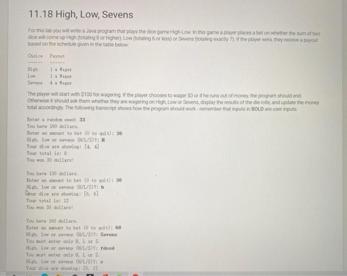Solved 11.18 High, Low, Sevens For this tab you will write a