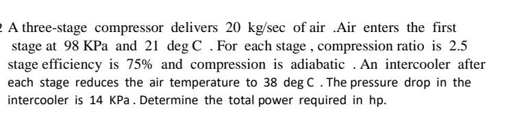 Solved A Three-stage Compressor Delivers 20 Kg/sec Of Air | Chegg.com